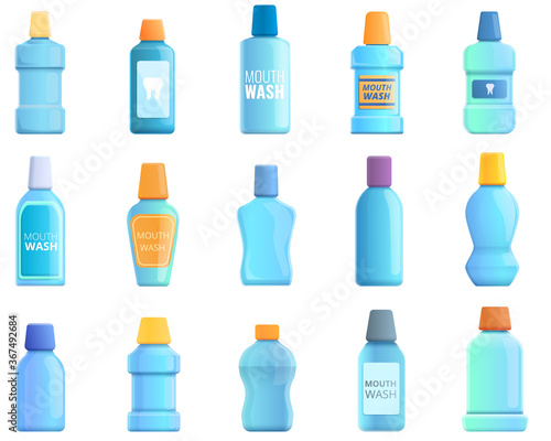 Mouthwash icons set. Cartoon set of mouthwash vector icons for web design