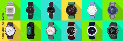 Watch wrist vector flat set icon. Isolated flat set icon wristwatch. Vector illustration clock on white background .