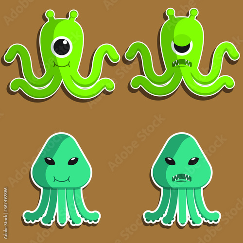 set of funny monsters green alien try to invade worlds