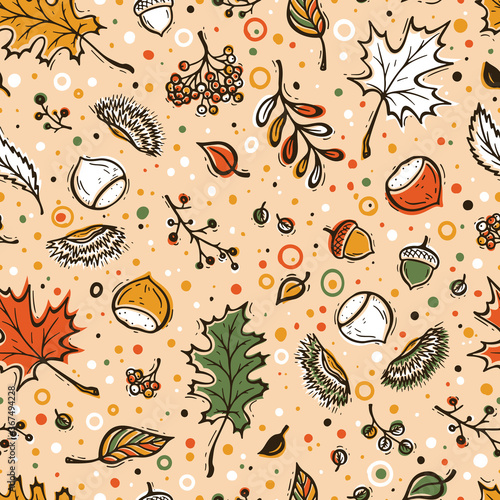 Autumn Harvest Symbols Vector Seamless Pattern. Hand Drawn Doodle Different Tree Leaves, Chestnuts, Rowan, Flowers and Berries