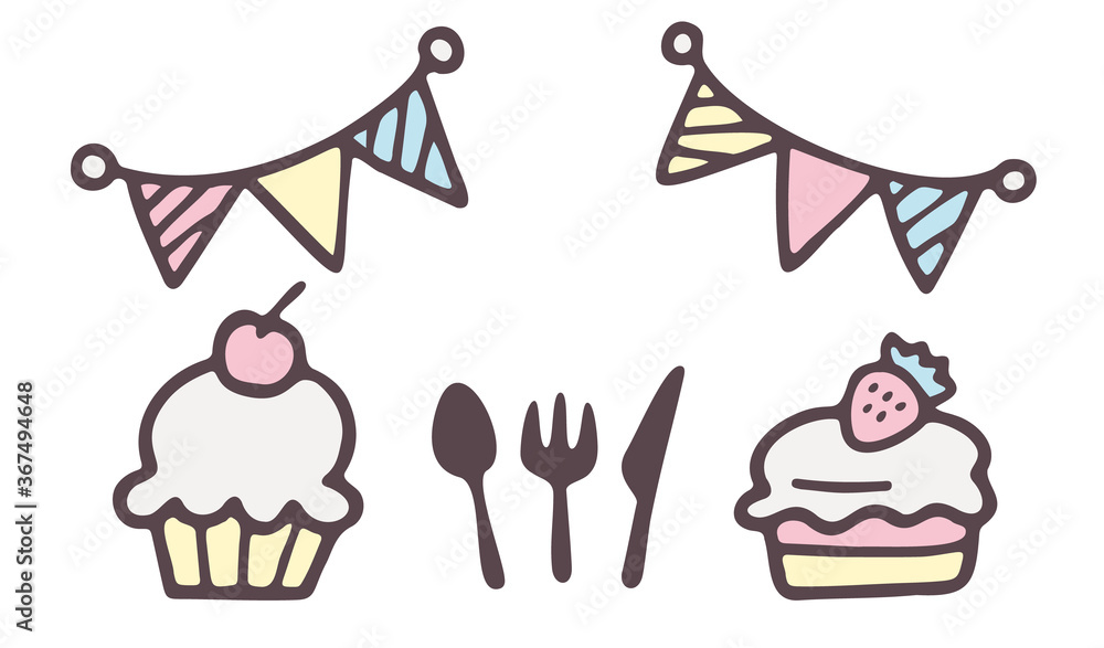ケーキ ガーランド カトラリーパーティ お祝い 誕生日 イベント 手描き おしゃれ かわいい ゆるい 線画 ベクター イラスト Stock Vector Adobe Stock
