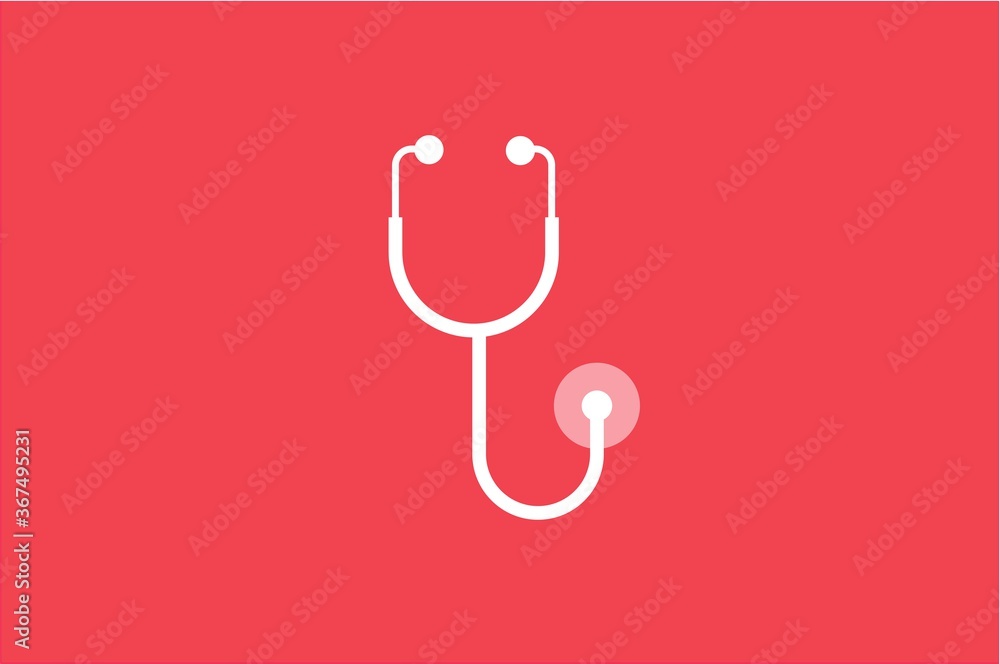 Flat vector of white stethoscope in red background. Flat vector of white stethoscope in red background.