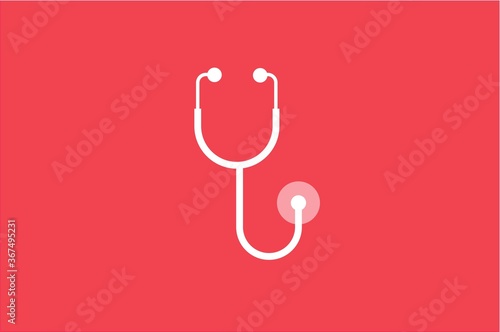 Flat vector of white stethoscope in red background.
