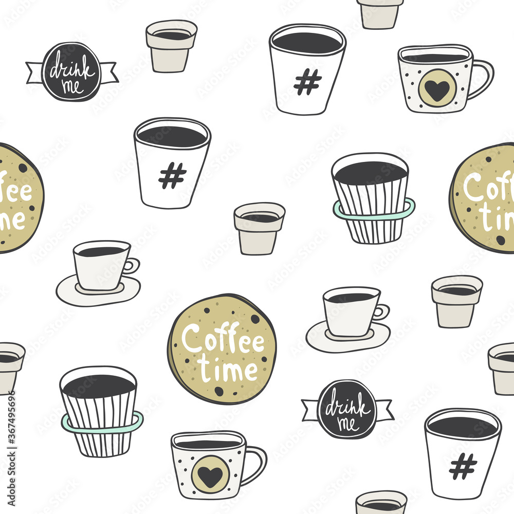 Abstract seamless pattern with hand drawn coffee to go cups. Beautiful modern texture with chaotic painted elements. Multicolored background for your web design, backdrops, wrapping