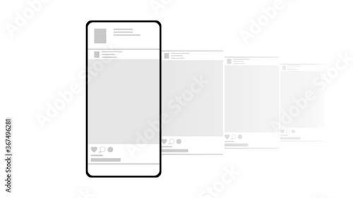 Smartphone mockup on white background. Transparent Carousel interface post on social network. Minimal design. Stories frame. Social media mobile app page template. Vector