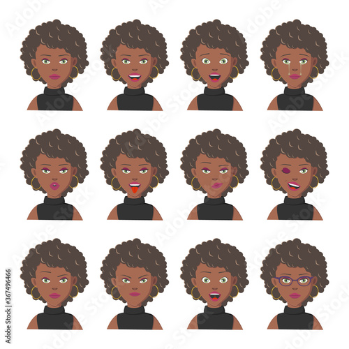Set of Brunette African and Hazel Eyed Women Portraits with Twelve Different Emotions; Idle, Smiling, Crying, Sad, Angry, Blink, Happy, Surprised, Kinky, with Glasses, etc