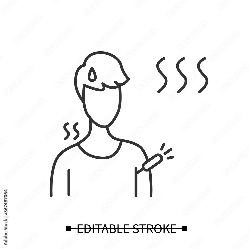 High fever icon. Person with elevated body temperature and thermometer linear pictogram. Concept of covid or seasonal flu disease signs and symptoms. Editable stroke vector illustration High fever icon. Person with elevated body temperature and thermometer linear pictogram. Concept of covid or seasonal flu disease signs and symptoms. Editable stroke vector illustration