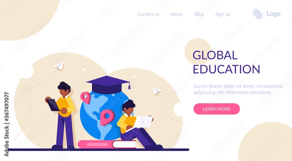 Concept of global education. Boy standing in front of books and globe with cap. Study abroad, international student exchange program. Modern flat illustration. Concept of global education. Boy standing in front of books and globe with cap. Study abroad, international student exchange program. Modern flat illustration.