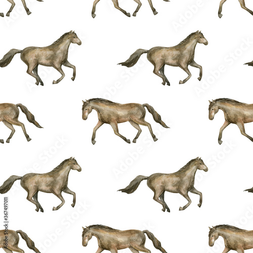 Watercolor seamless pattern with horse.  Free running mustang. Beautiful purebred red horse isolated on white background.