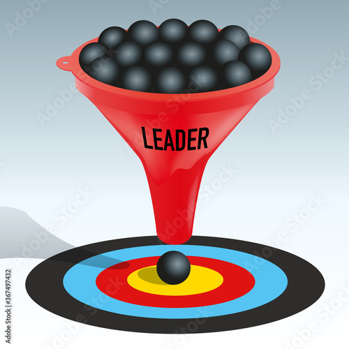 Concept du choix d’un leader avec des billes qui passent au travers d’un entonnoir en symbolisant la sélection d’un dirigeant parmi des candidats.