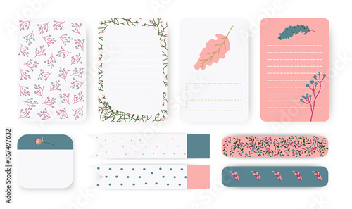 Set of planner notebook page. Note paper, stickers and duct tape. To do list with floral botanic element leaves and branch with berries.Template card great for printable Background vector illustration