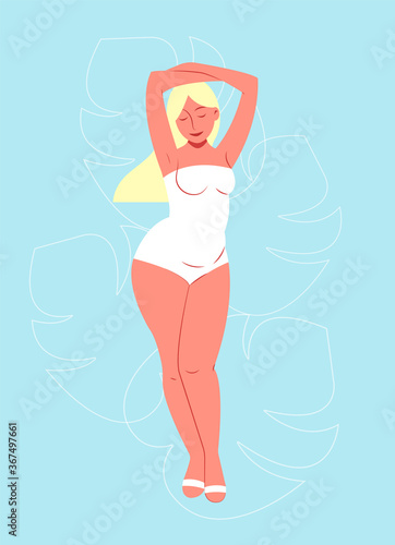 Plus size woman in white swimsuits on blue background. Vector flat isolated illustration. Overweght young beaty blonde girl with tropical leafs monstera. Body positive concept