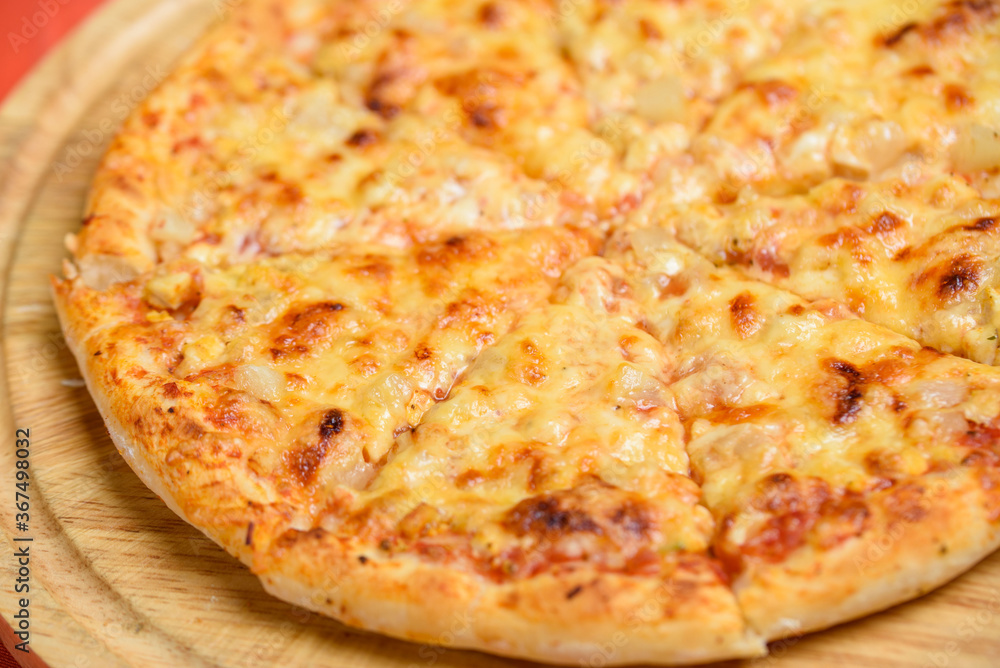 Close up Italian pizza about cheese it stick.