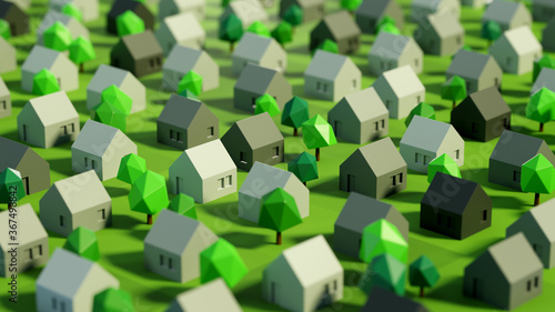 Miniature wooden single family houses and trees in green enviroment. 3D illustration