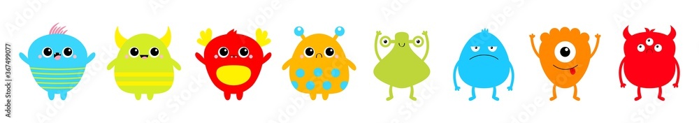 Happy Halloween. Monster set line. Cute kawaii cartoon sad character icon. Eyes, horns, hands up, tongue. Funny baby collection. Colorful silhouette. Isolated. White background. Flat design.