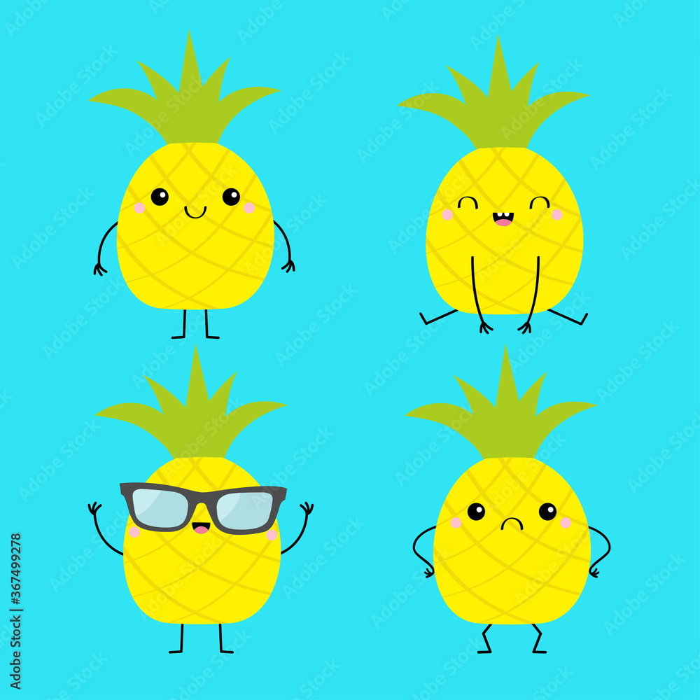 Fototapeta premium Pineapple fruit icon set. Cute cartoon kawaii smiling funny baby character. Happy, sad, angry, smiling emotions. Hands, legs. Sunglasses. Hello summer. Greeting Card. Flat design. Blue background.