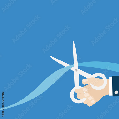 Grand opening ceremony. Businessman hand scissors cut the straight ribbon right corner. Inauguration. Flat design style. Isolated template. Blue background.
