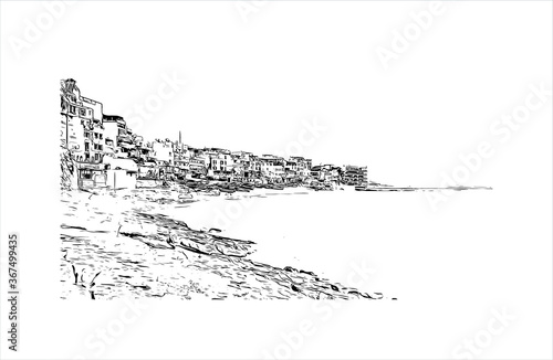 Building view with landmark of Agadir, a city along Morocco’s southern Atlantic coast. Hand drawn sketch illustration in vector.
