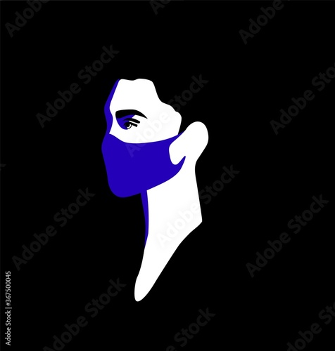 Vector illustration on the theme of coronavirus. Young man or woman in medical mask on a dark background. Minimal style, silhouette - line, spot. Blue white and black colour.