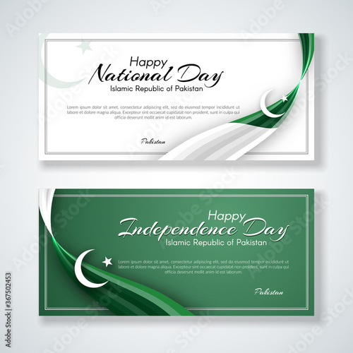 Pakistan flag theme Card with wavy ribbon colors of the national flag of Pakistan Text of Happy National Day and Independence Day For card banner on holiday theme National pakistani background Vector