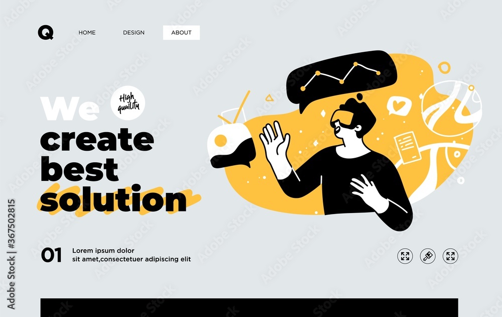 Presentation slide template or landing page website design. Business concept illustrations. Modern flat outline style. Research innovations and solutions - obrazy, fototapety, plakaty 