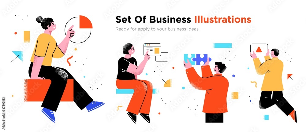 Business Concept illustrations. Collection of scenes with men and women taking part in business activities. Trendy vector style. - obrazy, fototapety, plakaty 