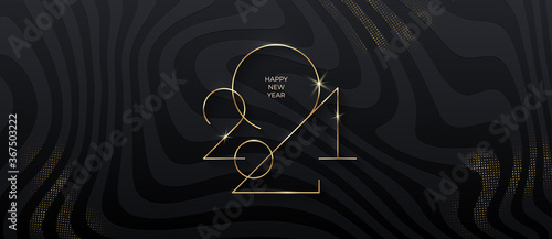 Golden 2021 New Year logo on black striped background with glitter gold. Holiday greeting card. Vector illustration. Holiday design for greeting card, invitation, calendar, etc.