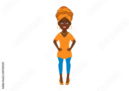 Beautiful african american young woman with head wrap vector. Attractive african girl with headdress icon vector. Stylish dark skin woman icon isolated on a white background. Cheerful african woman