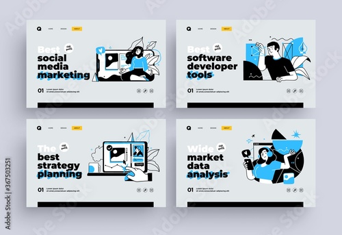 Set of Presentation slide templates or landing page websites design. Business concept illustrations. Modern flat outline style.