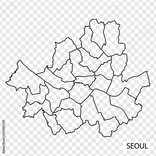 High Quality map of Seoul is a city  The Republic of Korea, with borders of the regions. Map of Seoul for your web site design, app, UI. EPS10.