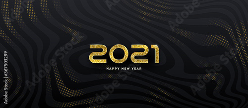 2021 new year logo. Greeting design with golden  number of year on a abstract black striped background with golden halftone. Design for greeting card, invitation, calendar, etc.