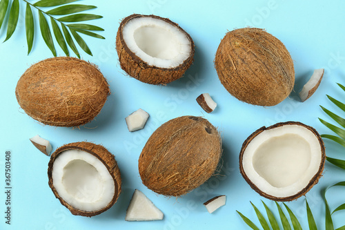 Top view shot of coconuts, whole and cracked on halves on paper textured background with a lot of copy space for text. Background with raw fruit of tropical palm. Flat lay.