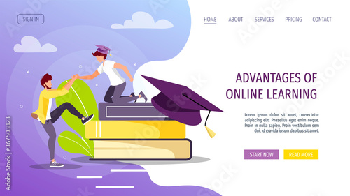Web page design for Studying, training, education, e-learning, courses, university, graduating. People with graduate caps and books. Vector illustration for poster, banner, website.
