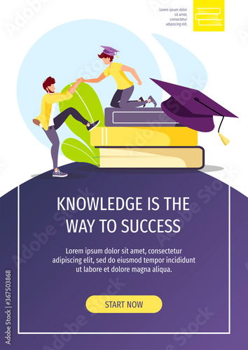 Flyer design for Studying, training, education, e-learning, courses, university, graduating. People with graduate caps and books. A4 vector illustration for poster, banner, flyer.