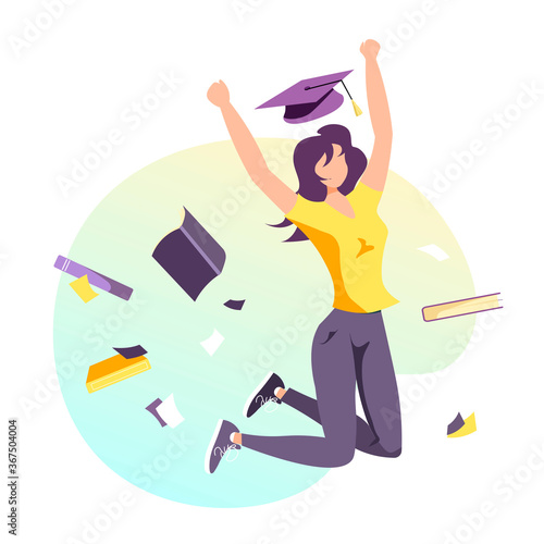 Woman jumping with happiness. Graduate cap and books. Studying, training, education, e-learning, courses, university, graduating concept. Isolated vector illustration for poster, banner, cover.