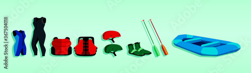 river rafting set. helmet, boat and more isolated on tosca background