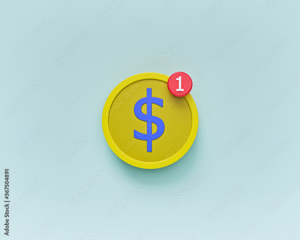 cartoon style dollar coin and notification icon. minimal design. Payment notification concept. 3d rendering cartoon style dollar coin and notification icon. minimal design. Payment notification concept. 3d rendering