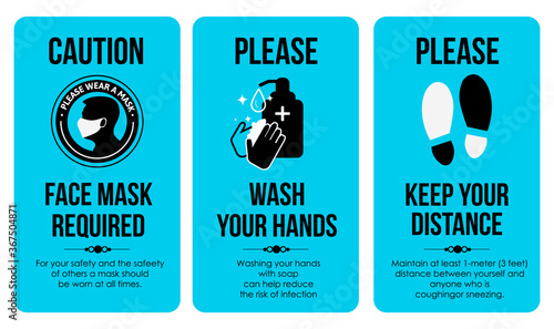 COVID Sign Poster Templates. Caution Card. Face mask required. Please Wash your hands. Keep your distance. For the bathroom, toilet, where a lot of people gather