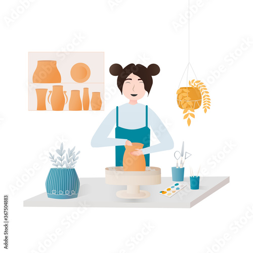 Pottery hobby, girl making clay pot or vase using wheel, pottery studio, workshop. Giving master class for students. Working with ceramics. Cute artist 
