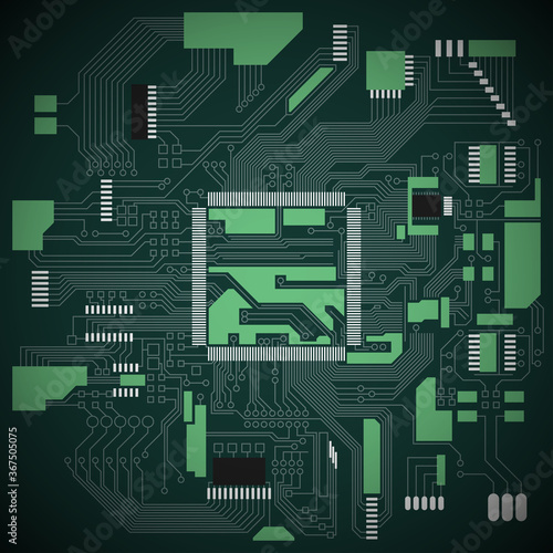 Circuit board. Electronic computer hardware processor technology. Motherboard digital chip. Tech science background. Integrated communication processor. Information engineering motherboard component © volonoff