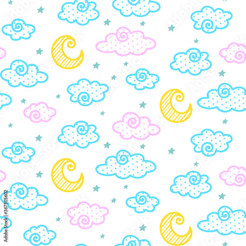 Striped Moon, pink and blue clouds with dot texture and stars on a white background. Vector seamless pattern for kid's wallpaper, wrapping paper, packaging, printing on fabric, textile, clothes, bags