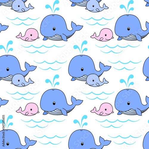 Mother whale and baby whale swim on the waves, blue and pink whales on a white background. Vector seamless pattern for wrapper, wrapping paper, packaging, kid's wallpaper, printing on fabric, clothes