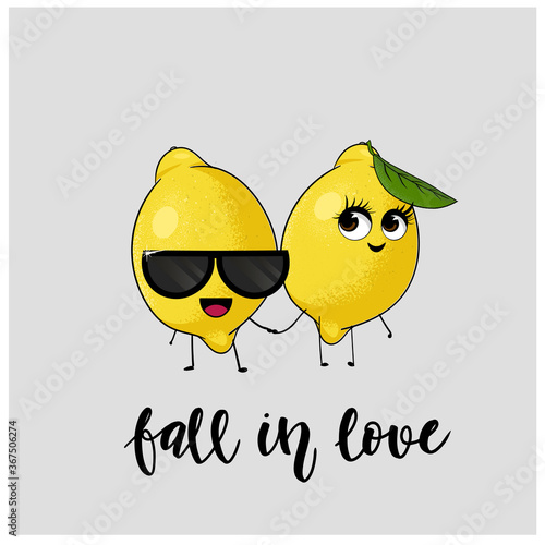 Two cute in love lemon characters holding for hands. Calligraphy text fall in love