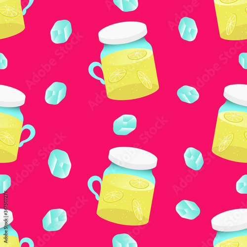 Lemonade jars seamless pattern on bright pink background. Colorful lemonade with ice cubes background