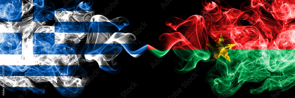 Fototapeta premium Greece vs Burkina Faso smoky mystic flags placed side by side. Thick colored silky abstract smoke flags.