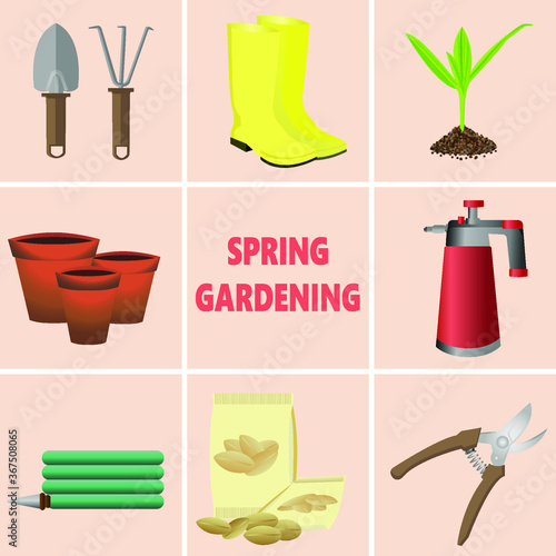 Spring gardening. Set of tools for working in the garden Supplies for planting, digging ground, irrigation, fertilizer, spraying, weed control in the garden Vector illustration