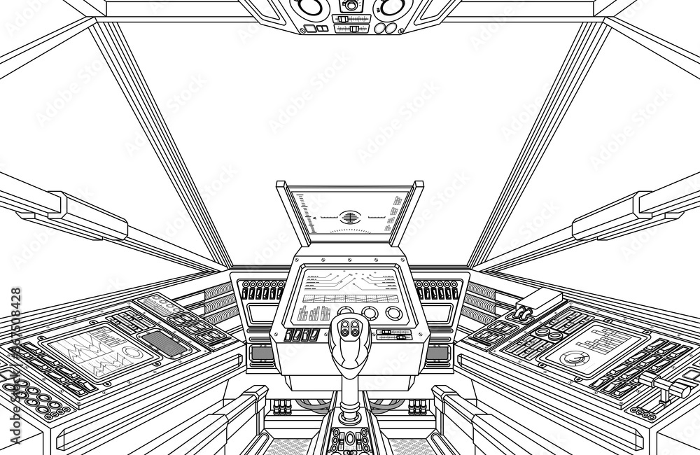 A spaceship or air plane craft cockpit with space ship controls. A possibly alien spacecraft cabin interior