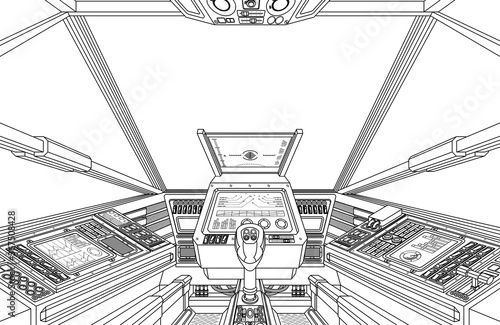 A spaceship or air plane craft cockpit with space ship controls. A possibly alien spacecraft cabin interior
