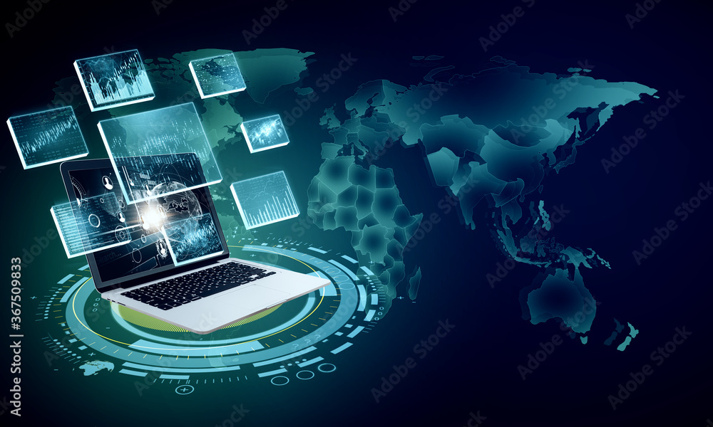 custom made wallpaper toronto digitalLaptop with stock chart and remote work interface.