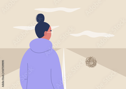 Wild west landscape, a rear view of a female character looking at a tumbleweed ball, dry climate, emptiness